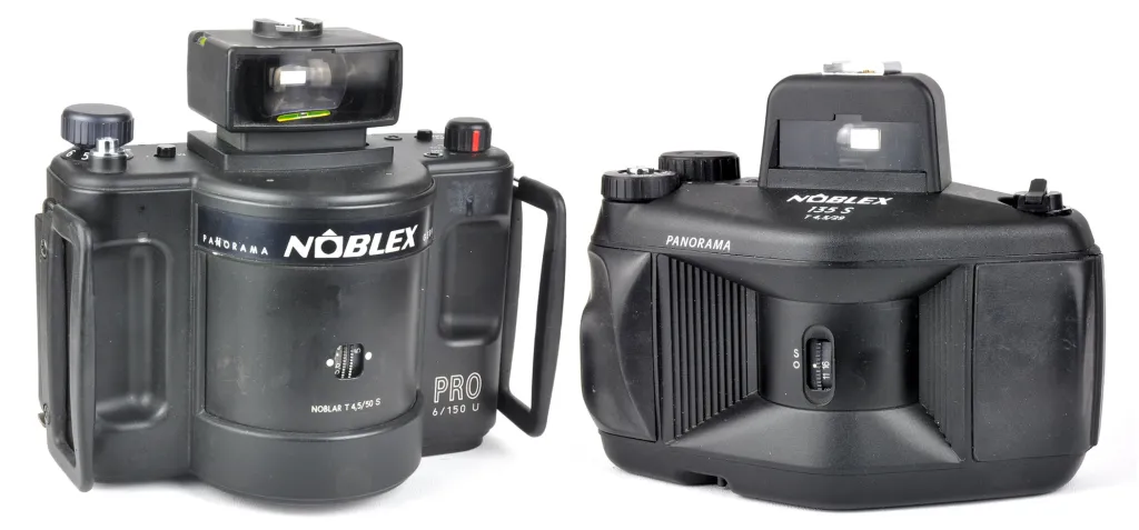 Two Noblex swing-lens cameras: the Pro 6/150 (left) and Noblex 135